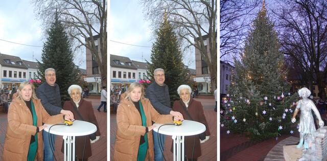 (v.l.) Bürgermeisterin Susanne Stupp, Volker Frank von netable und Marianna Carrié vom Aktivkreis Frechen sorgten mit einem beherzten Druck auf den Lichtschalter für vorweihnachtliche Stimmung in der Fußgängerzone.  | Foto: Lars Kindermann