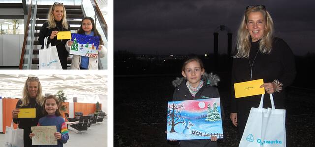 Britta Franzheim (re.) von den Quarzwerken Frechen führte die drei Gewinnerinnen in der Alterskategorie „7 bis 10 Jahre“ Ela Dolu (kleines Foto oben), Carla-Antonia Landgraf (kleines Foto unten) und Sofie Mehl bei der Preisverleihung durch die imposante Hauptverwaltung des Unternehmens. | Foto: Lars Kindermann