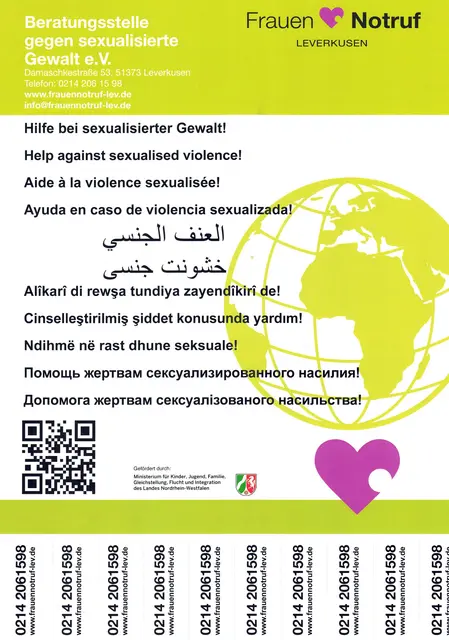 So sehen die neuen, vor allen Dingen auch mehrsprachigen Abreißplakate des Leverkusener Frauennotrufes aus.  | Foto: Repro: Frauennotruf