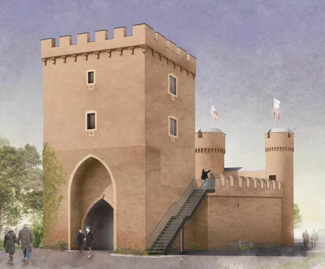 Der Entwurf für den Wiederaufbau des Weiertores sieht einen an das historische Vorbild angelehnten Baukörper vor, den die Hovener Jungkarnevalisten nach Fertigstellung als Vereinsdomizil nutzen
werden.