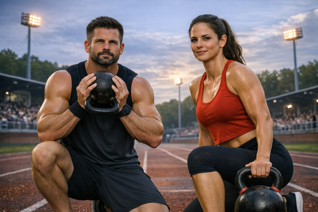 Zwei Teilnehmende absolvieren ein Functional-Workout mit Kettlebells auf der Laufbahn eines Stadions. | Foto: Montserrat Manke erstellt mit KI (Symbolfoto)