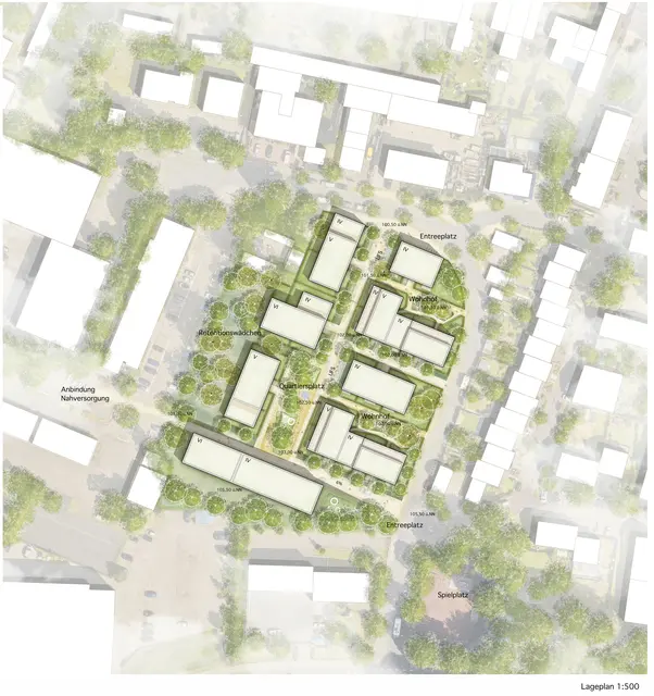 Der Siegerentwurf sieht verschiedene Gebäude als Kombination aus Riegeln und Winkelgebäuden mit einem Quartiersplatz vor.  | Foto: Grafik: Planungsgemeinschaft Thomas Schüler Architekten Stadtplaner (Düsseldorf) mit arbos landscape (Hamburg)