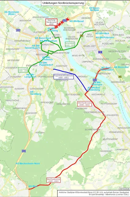 Über die eingezeichneten Hauptrouten will die Stadt den Verkehr während der Nordbrücken-Sperrung zur Kennedy- und zur Südbrücke lenken.  | Foto: Grafik: Bundesstadt Bonn