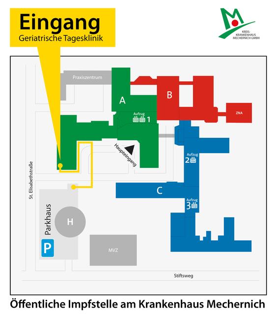 Aus diesem Lageplan ist die Impförtlichkeit am Kreiskrankenhaus Mechernich ersichtlich.s