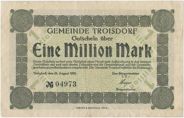 Spannendes wie dieses Notgeld findet sich im virtuellen Adventskalender des Stadtarchivs Troisdorf.  | Foto: Stadtarchiv Troisdorf