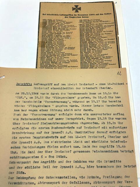 Bericht zum Luftangriff vom 29.12.1944 und Liste der bei Luftangriffen im Dezember 1944 auf das Gebiet des Siegkreises gefallenen Personen.  | Foto: Quelle: Stadtarchiv Troisdorf, A 3396