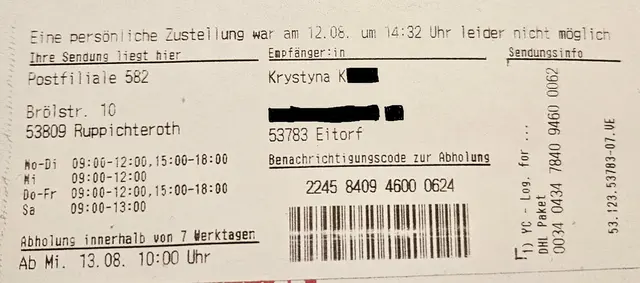 Derartige Benachrichtigungen erhielten viele Eitorfer, die zu nicht Hause waren, um ihr Paket anzunehmen. | Foto: Röhrig