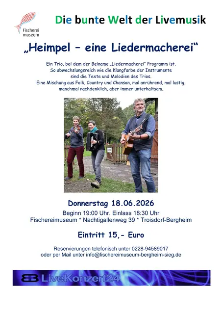 Das Trio „Heimpel“ tritt am 18. Juni im Fischereimuseum Bergheim auf.  | Foto: Fischereimuseum