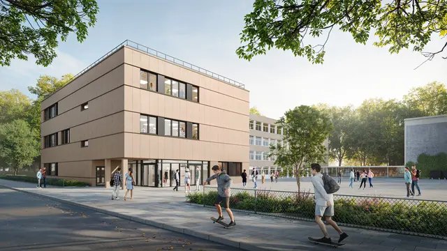 Die Visualisierung zeigt den dreigeschossigen Neubau für zehn Klassenräume auf der Seite des Rotdornwegs.  | Foto: KLEUSBERG GmbH & Co. KG und Picksell Studio