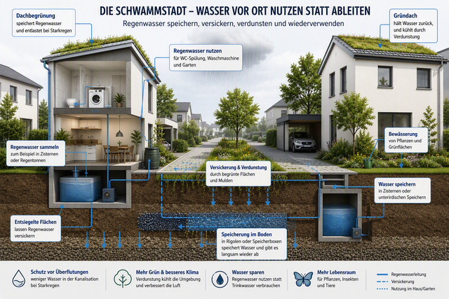 So könnte eine Schwammstadt aussehen: Regenwasser wird auf begrünten Dächern, in Zisternen und im Boden gespeichert, statt direkt in die Kanalisation zu fließen. Das KI-generierte Schaubild zeigt beispielhaft, wie Wasser vor Ort zurückgehalten und zur Bewässerung von Gärten und Grünflächen genutzt werden kann.  | Foto: Montserrat Manke/ki-generiert mit Copilot