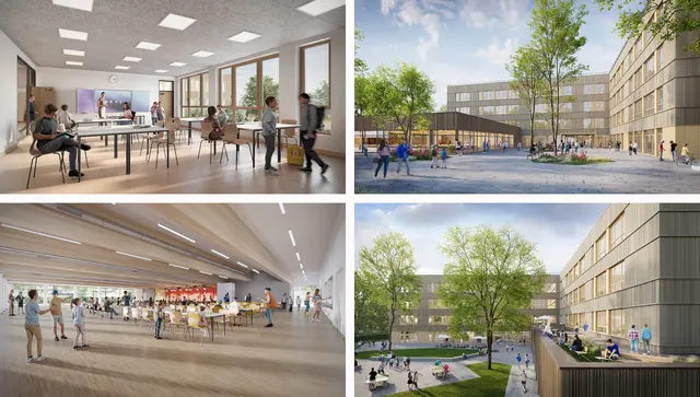 So soll es werden: Die Visualisierungen zeigen die geplanten Unterrichtsräume, die multifunktionale Mensa mit Aula sowie die Außenbereiche des neuen Rotationsgebäudes.  | Foto: Grafik: scapeLandschaftsarchitekten
