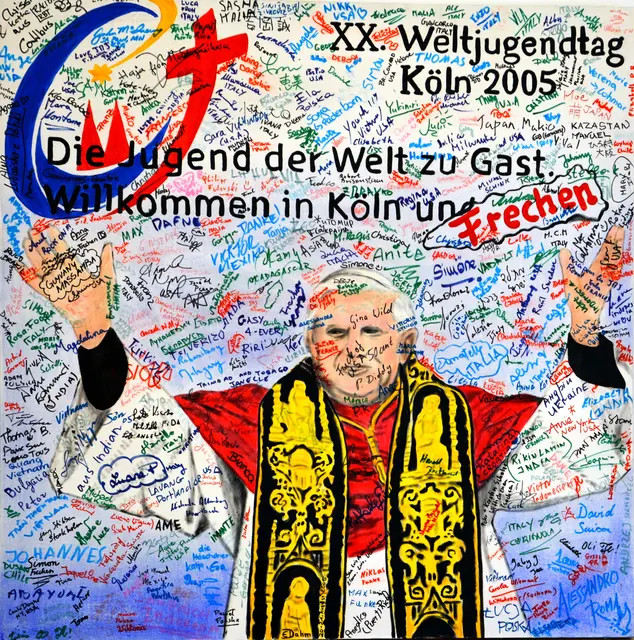 Auf dem Gemälde der Frechener Künstlerin Edith Dahm verewigten sich vor 20 Jahren junge Pilger aus aller Welt bei ihrer Ankunft in Frechen.  | Foto: Peter Kleinen