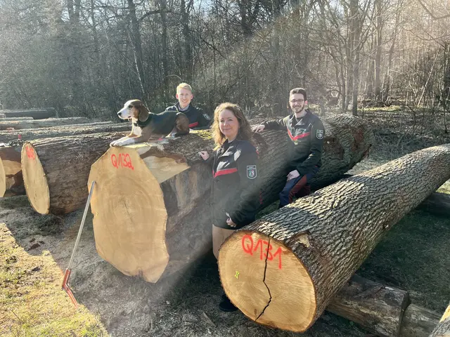 Gruppenbild mit „Braut“: Das Team des Regionalforstamtes Rhein-Sieg-Erft präsentiert im Kottenforst den wertvollsten Eichenstamm der diesjährigen Wertholzsubmission. Auch Diensthund „Fritz“ hat auf dem Stamm Platz genommen.  | Foto: Regionalforstamt Rhein-Sieg-Erft