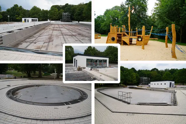 So sieht es im Sommer 2026 im Terrassenfreibad Frechen aus: das Schwimmerbecken, das neue Kleinkindbecken, das Schwimmmeister-Gebäude, das Piratenschiff auf dem Kinderspielplatz und das Nichtschwimmerbecken.  | Foto: Stadt Frechen