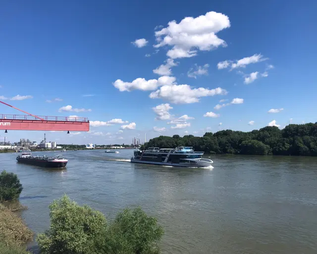 Drinnen spielt die Musik, draußen zieht der Schiffsverkehr vorbei: Der Blick auf „Vater Rhein“ gehört für viele Besucher fest zum Tanztee im Rheinforum.  | Foto: Montserrat Manke