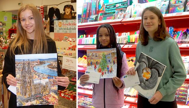Für ihre tollen Bilder in der Alterskategorie „11 bis 14 Jahre“ überreichte die Kreissparkasse Köln den Gewinnerinnen (v.l.) Evelina Yanak, Debbie Ibegbulem und Finja Poths jeweils einen 50 Euro-Gutschein für die die Mayersche Buchhandlung und die Buchhandelskette Thalia.  | Foto: Lars Kindermann