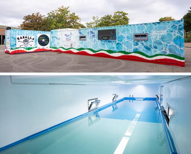 Seefrachtcontainer wurden für den mobilen Schwimmunterricht in Nordrhein-Westfalen umgerüstet. Sie verfügen über ein Schwimmbecken, Sanitäranlagen und Umkleidebereiche. | Foto: Land NRW