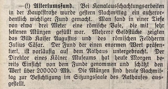 Aprilscherz in Frakturschrift: Das Archivale des Montas April ist ein 98 Jahre alter Zeitungsartikel aus dem Frechener Tageblatt.  | Foto: Stadt Frechen