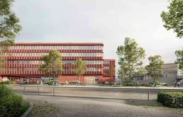 Blick von der Bornheimer Straße aus auf die künftige Feuer- und Rettungswache 1 am Lievelingsweg. Es soll ein mehrstöckiger Gebäudekomplex mit roter Fassade entstehen.  | Foto: Illustration: RIEHLE KOETH GmbH + Co. KG, Stuttgart, mit Wettbewerbsgemeinschaft