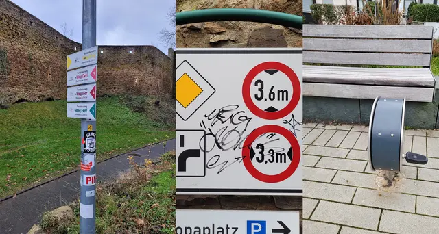 Eine hohe Anzahl an Masten, Schildern und Laternen wurde bereits Ziel von Aufkleber-Attacken. Viele Schilder und Tafeln in Bad Münstereifel sind mit Filzstift beschmiert. Am Europaplatz sind die Geräte aufgrund fehlender Pedale unbrauchbar.  | Foto: Mager/Stadt Bad Münstereifel