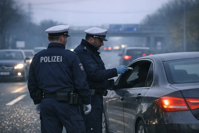 Eine Polizeikontrolle - Einsatzkräfte überprüfen einen Fahrer mit einem Drogentest. | Foto: Montserrat Manke/ki-generiert mit Copilot (Symbolfoto)
