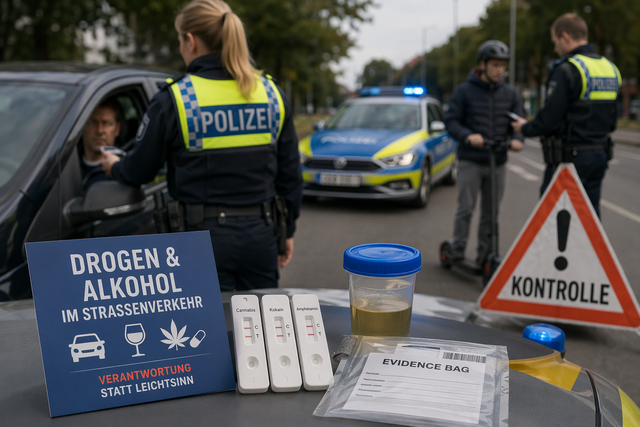 Kontrolle im Fokus: Bei einer Schwerpunktwoche überprüft die Polizei im Rhein-Erft-Kreis verstärkt Verkehrsteilnehmer auf Alkohol- und Drogenkonsum (Symbolfoto einer Verkehrskontrolle). | Foto: Montserrat Manke/ki-generiert mit Copilot