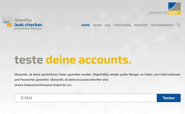 Einfach und schnell kann jeder mit dem Online-Tool der Universität Bonn prüfen, ob seine E-Mail-Adresse betroffen ist. Falls dem so ist, sollte man sofort seine Anmeldedaten im jeweiligen Dienst ändern, mit einem einmaligen, sicheren Passwort.  | Foto: Screenshot: mt