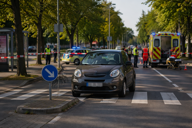 Bei einem Verkehrsunfall wurde eine Fußgängerin an einer Querungshilfe von einem Auto erfasst und schwer verletzt. | Foto: Montserrat Manke/ki-generiert mit Copilot (symbolfoto)