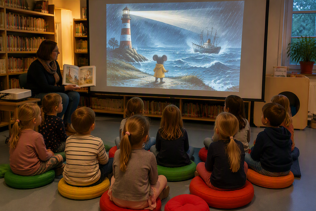 So könnte ein Bilderbuchkino in der Stadtbücherei Wesseling aussehen: Während eine Geschichte vorgelesen wird, erleben Kinder die Illustrationen groß auf einer Leinwand. Die Szene wurde mit KI simuliert.  | Foto: Montserrat Manke/ki-generiert mit Copilot.