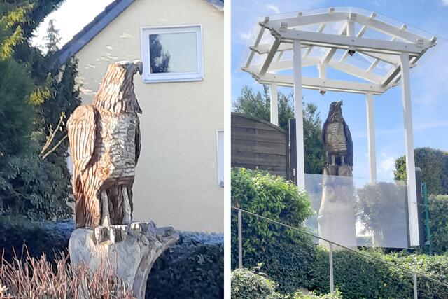 Der ursprüngliche Adler (l.) wurde nach seinem „Zerfall“ mit viel Aufwand wieder zurückmodelliert - jetzt thront er in seiner eigens erstellten Einhausung wieder über Billig.