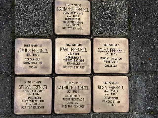 Sieben Stolpersteine an der Marktstraße 13 in Rheidt erinnern an die Mitglieder der Familie Frenkel.   | Foto: DIE GRÜNEN