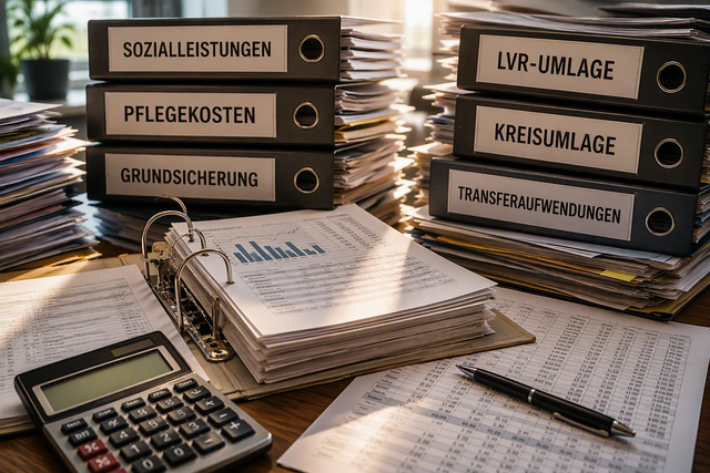 Steigende Sozialausgaben, höhere Umlagen und ein wachsender Spardruck prägen die Debatte um den Doppelhaushalt 2027/2028 des Rhein-Erft-Kreises. Das Symbolfoto greift die zentralen Kostenblöcke auf, die Kreis und Städte in den kommenden Jahren beschäftigen werden. | Foto: Montserrat Manke/ki-generiert mit Copilot