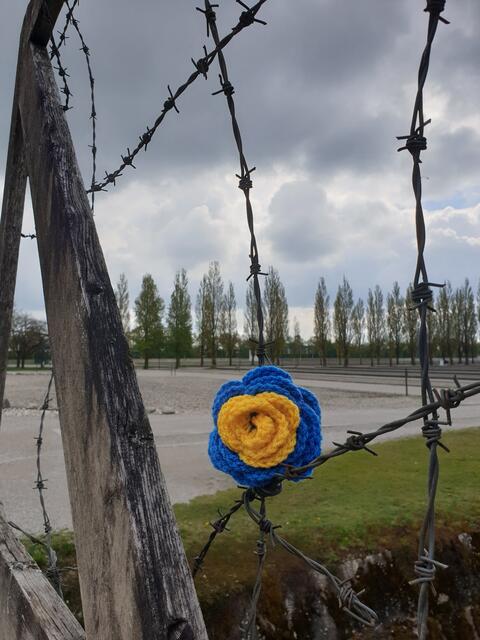 Zur Mahnwache bringen die KünstlerinnenPlakate und Friedensfahnen mit, sowie einen großen Strauß mit gehäkelten blau-gelben Rosen.  | Foto: Ela Rübenach