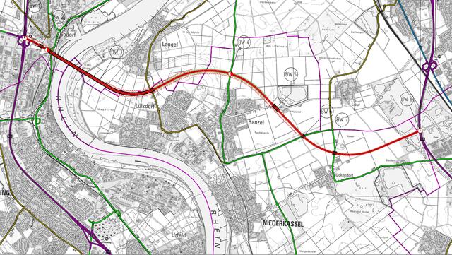 Acht Bauwerke, eines davon über den Rhein: A 553 zwischen Godorf und Lind. | Foto: Landesvermessungsamt Nordrhein-Westfalen
