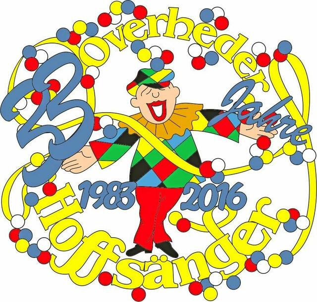 Overheder Hoffsänger - Der Jubiläumsorden ist ein "Update" des Wappens der Overheder Hoffsänger, welches in der Session 1986/87 von Karikaturist Otto Schwalke entworfen wurde. Der Bajazzo - Symbol der Overheder Hoffsänger - umrahmt vom Schriftzug, flankiert von den Jahreszahlen 1983-2016, jonglierend die Zahl 33 (rechte Hand) und den Schriftzug "Jahre" (linke Hand). Die Farbstellung entspricht dem aktuellen Hoffsängerkostüm mit Rautenmuster, der Datschkappe und der roten Hose. | Foto: Repro Verlag