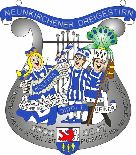 Dreigestirn Neunkirchen - „In dieser wirklich jecken Zeit probier’s mal mit Gemütlichkeit“ heißt das Motto von Jungfrau Rolfina, Prinz Diddi und Bauer Reiner, denn der MGV Söntgerath, den die drei vertreten, hat den Zusatz „Gemütlichkeit“ im Namen. Auf den Chor weist eine Lyra hin, auf deren Rahmen das Motto, das Gründungsjahr 1892 und das Jubiläumsjahr 2017 vermerkt sind. Zudem prangt das Neunkirchener Wappen unten mittig. Die Tollitäten tanzen und singen im Ornat ausgelassen in der Lyra. Dazu spielt die Jungfrau wie auch im wahren Leben auf der „Quetsch“ und ein Spruchband verweist auf das Jubiläum „125 Jahre MGV Söntgerath“. | Foto: Repro Verlag