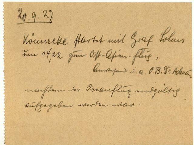 Tagebucheintrag der allerersten Chronik des Flughafens Butzweilerhof. | Foto: Luftfahrtarchiv Köln