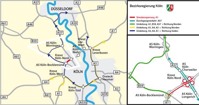 Am letzten Wochenende im Oktober wird die A1 in beiden Fahrtrichtungen vor dem Autobahnkreuz Köln-Nord komplett gesperrt (rot markiert). Von Freitag, 27. Oktober, ab 22 Uhr, bis Montag, 30. Oktober, 5 Uhr werden in diesem Bereich Ersatzbrücken montiert. Der durchgehende Verkehr auf der A57 ist von der Sperrung nicht betroffen - hier gibt es die Karte in groß. | Foto: Straßen.NRW