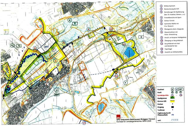 Zwischen den Punkten 1 (Schloss Gymnich) und 7 (ehemalige Kiesgrube) soll nach den Plänen von Rolf Kunz das Zentrum einer Landesgartenschau 2026 für Kerpen und Erftstadt liegen. | Foto: Repro: Kunz