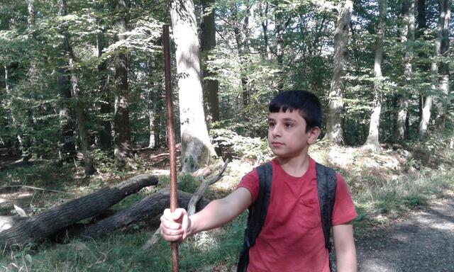 Der 9-jährige Shad von der Affenklasse der Burgschule in Frechen beim Messen der Baumhöhe mittels Stock. | Foto: Wald und Holz NRW