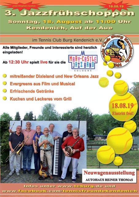 Hier das Plakat zur Veranstaltung: Auch in diesem Jahr erwartet der TC Burg Kendenich wieder viele Musikliebhaber aus ganz Hürth. Und auch die Groupies der Mary Castle Jazzband Cologne sind wieder gerne dabei. | Foto: TC Burg Kendenich