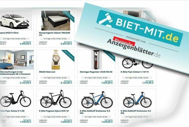 Einfach per www.biet-Mit.de die Startseite unserer Online-Aktion Biet-Mit mit mehr als 200 ganz unterschiedlichen Angeboten aufrufen. Und immer liegt der Startpreis genau 50 Prozent (!) unter dem offiziellen Verkaufspreis. Los geht es an diesem Samstag, von 6 Uhr an können die ersten Gebote abgegeben werden. | Foto: Rheinische-Anzeigenblätter / Biet-Mit.de