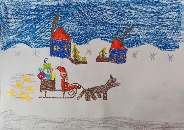 Den Weihnachtsmann im Tiefflug hat uns Theo Deutschmann (6) aus Brühl gemalt. „Der Weihnachtsmann fliegt bei Nacht über den Schnee an den weihnachtlich geschmückten Häusern vorbei. Es schneit“, schreibt er. Besonders gut gefallen hat sein Bild unserem Redaktionsleiter Ulf Dahmen.  | Foto: Rheinische Anzeigenblätter