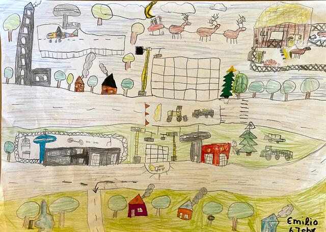 In der Drachenklasse der Ringschule in Frechen wurde fleißig gemalt. Das Bild von Emilio Barbaro (7) zeigt die „Auslieferung der Weihnachtsgeschenke durch den Weihnachtsmann“. Das detailreiche Bild hat Redakteur Lars Kindermann, der ebenfalls die Ringschule besucht hat, besonders gut gefallen.  | Foto: Rheinische Anzeigenblätter