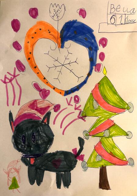 Redakteurin Martina Thiele-Effertz gefiel besonders gut das Bild von Bella Müller (6) aus Frechen. Mit ihren weihnachtlich gekleideten Tieren und dem blau-gelben Herzen wollte die Erstklässlerin uns „Freude beim Ansehen“ machen und sich für unsere „tolle Aktion“ bedanken. Das machen wir doch gerne, Bella. Hoffentlich bist du im kommenden Jahr wieder dabei.  | Foto: Rheinische Anzeigenblätter