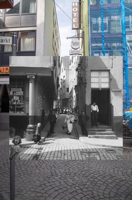 Eine Straßenszene in der Altstadt an der Ecke Lintgasse/Buttermarkt, festgehalten 1904 von Peter Geus. Die Gasse selbst blieb im Wesentlichen erhalten. | Foto: (C) Rheinisches Bildarchiv Köln/Thomas Banneyer