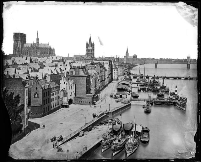 Das Rheinufer am Leystapel mit unvollendetem Dom im Jahr 1878. | Foto: (C) Rheinisches Bildarchiv Köln