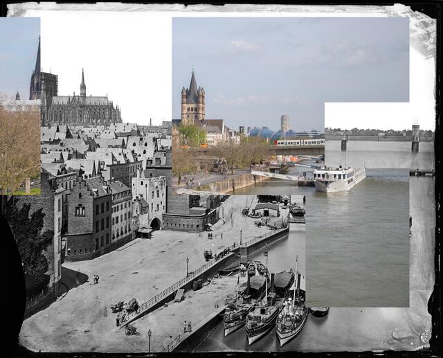 Das Rheinufer am Leystapel mit unvollendetem Dom im Jahr 1878 und heute. Die Veränderung am Rheinufer ist deutlich zu erkennen.
 | Foto: (C) Rheinisches Bildarchiv Köln/Thomas Banneyer