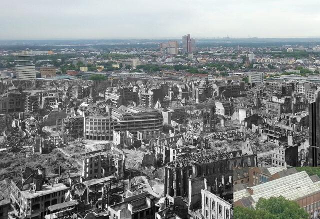 Diese Ansicht der zerbombten Innenstadt vom Dom in Richtung Neumarkt wurde 1945 von Margarita Neiteler eingefangen. Eingebettet ins aktuelle Köln. | Foto: (C) Rheinisches Bildarchiv Köln/taddle - stock.adobe.com