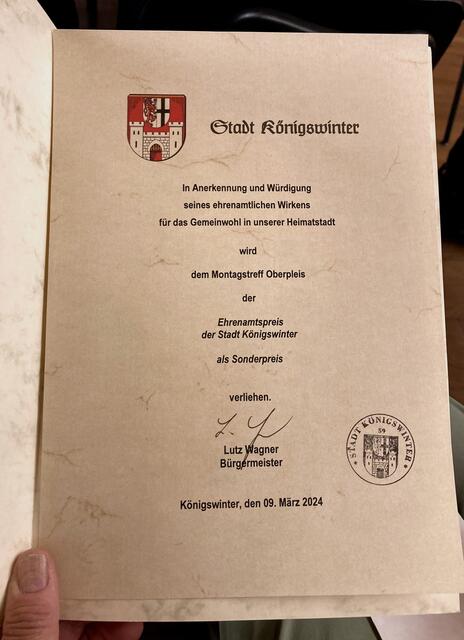 So sieht sie aus, die Urkunde | Foto: (c) Montagstreff (K.H.Rohde, A.Schoroth)